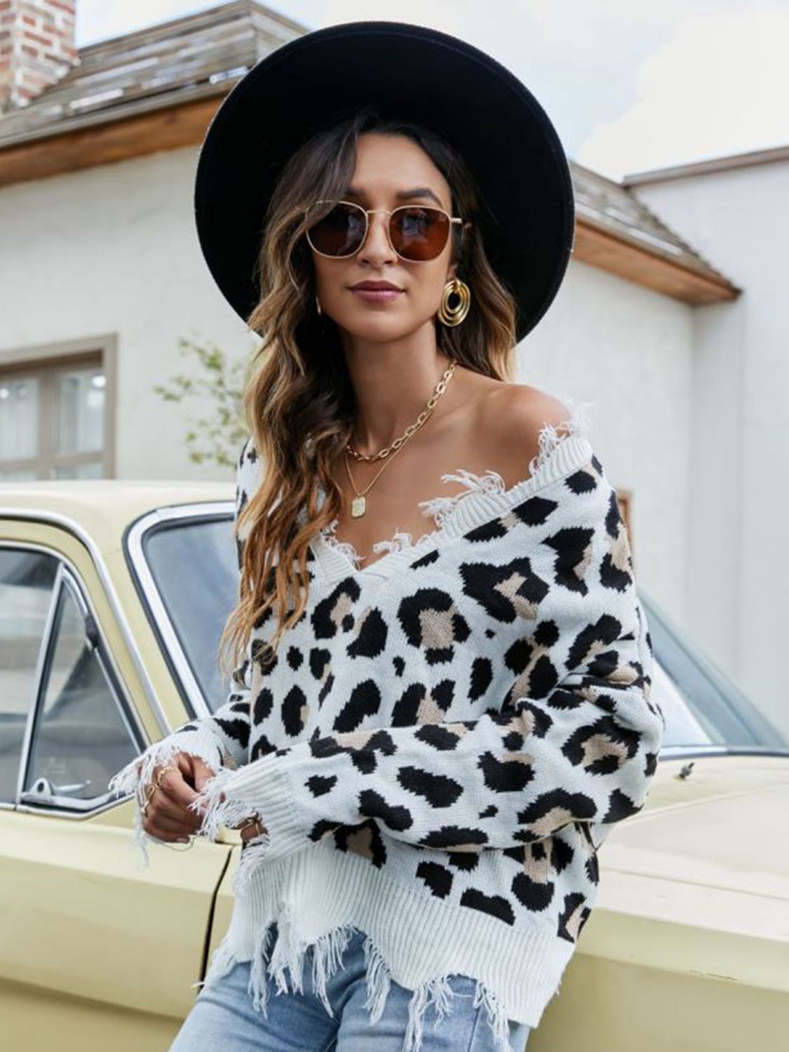 Animal Print Distressed V-Neck Drop Shoulder Sweater