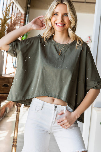 Distressed Asymmetric Hem Cropped Tee Shirt