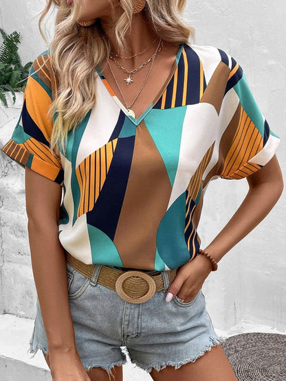 Printed V-Neck Short Sleeve Blouse