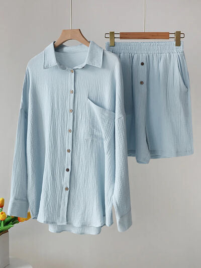 Button Up Dropped Shoulder Top and Shorts Set