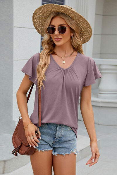 V-Neck Flutter Sleeve T-Shirt