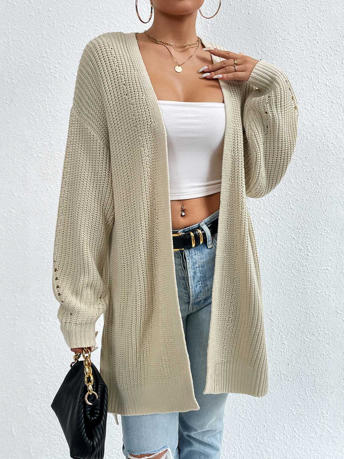 Open Front Dropped Shoulder Slit Cardigan