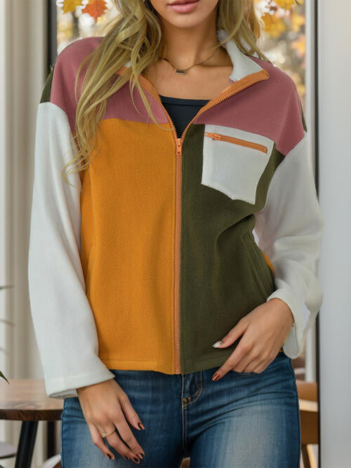 Color Block Zip-Up Long Sleeve Jacket