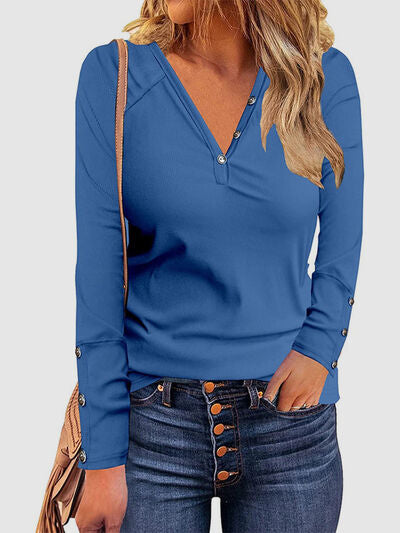 Decorative Button V-Neck Long Sleeve T-Shirt