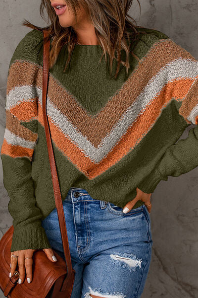 Contrast Round Neck Dropped Shoulder Sweater