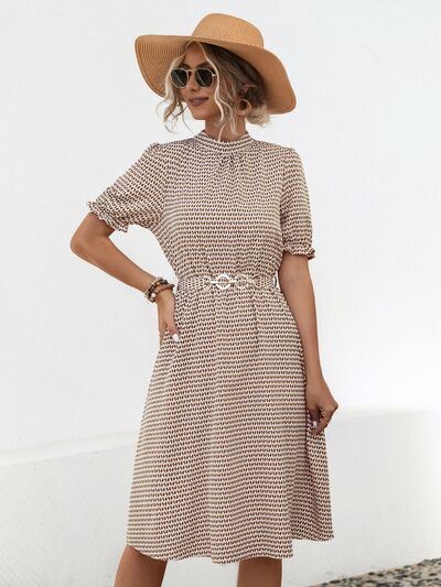 Printed Mock Neck Flounce Sleeve Dress