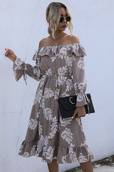 Ruffled Printed Off-Shoulder Midi Dress