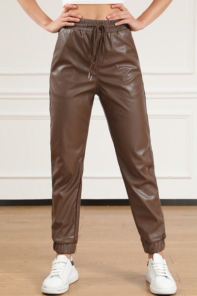 Pocketed Drawstring Leather Long Pants