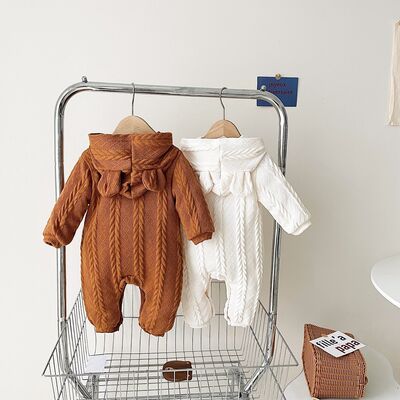 Cable-Knit Long Sleeve Hooded Snapped Jumpsuit