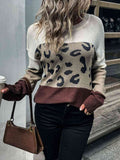 Leopard Color Block Ribbed Trim Tunic Sweater