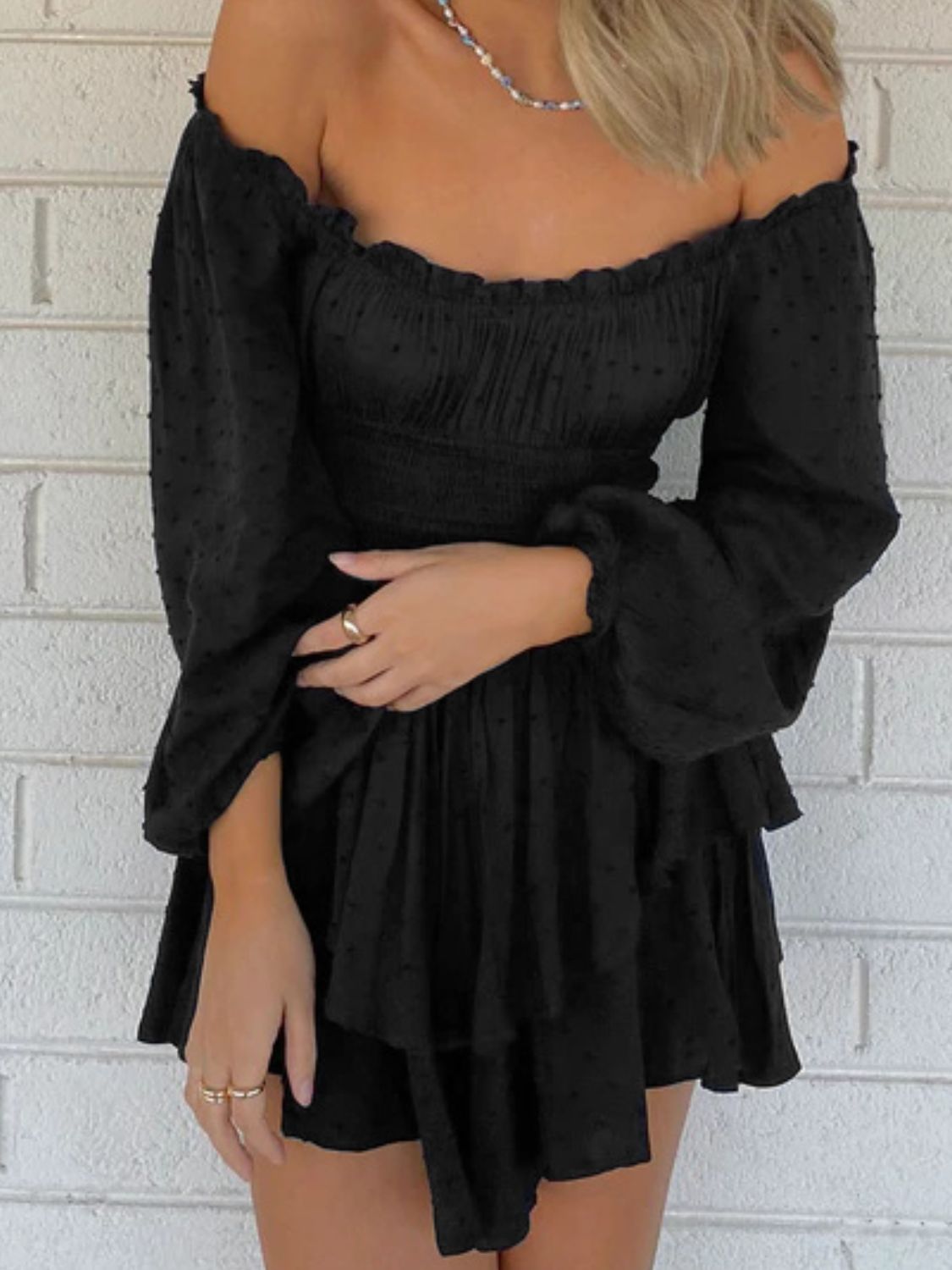 Off Shoulder Smocked Waist Mini Dress