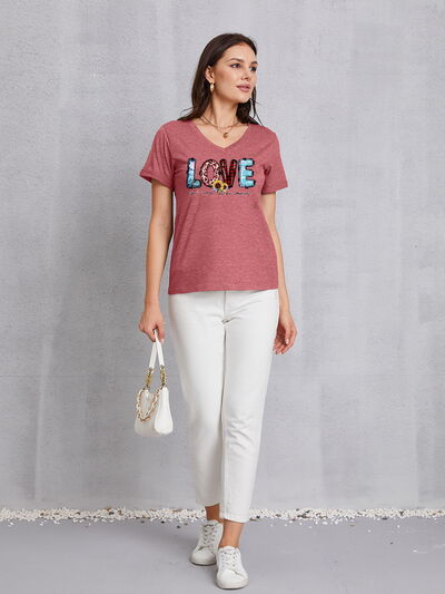 Letter Graphic V-Neck Short Sleeve T-Shirt