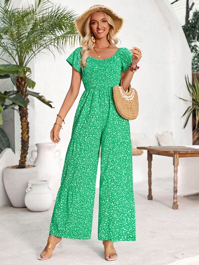 Smocked Printed Short Sleeve Jumpsuit