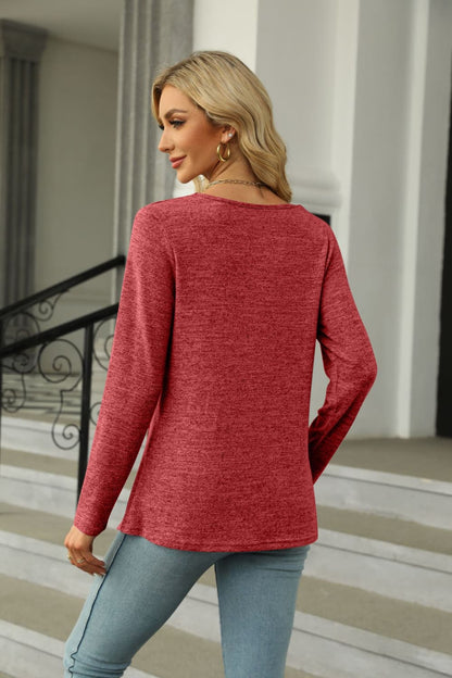 Square Neck Long Sleeve Slit T-Shirt