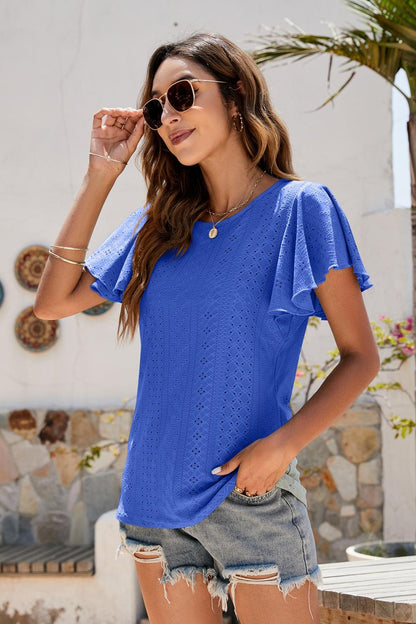 Eyelet Flutter Sleeve Short Sleeve Top