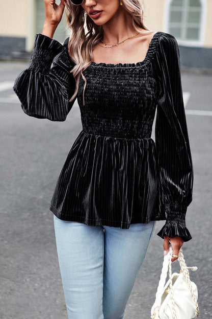 Smocked Square Neck Long Sleeve Blouse