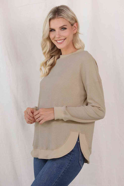 Waffle-Knit Crewneck Drop Shoulder Top