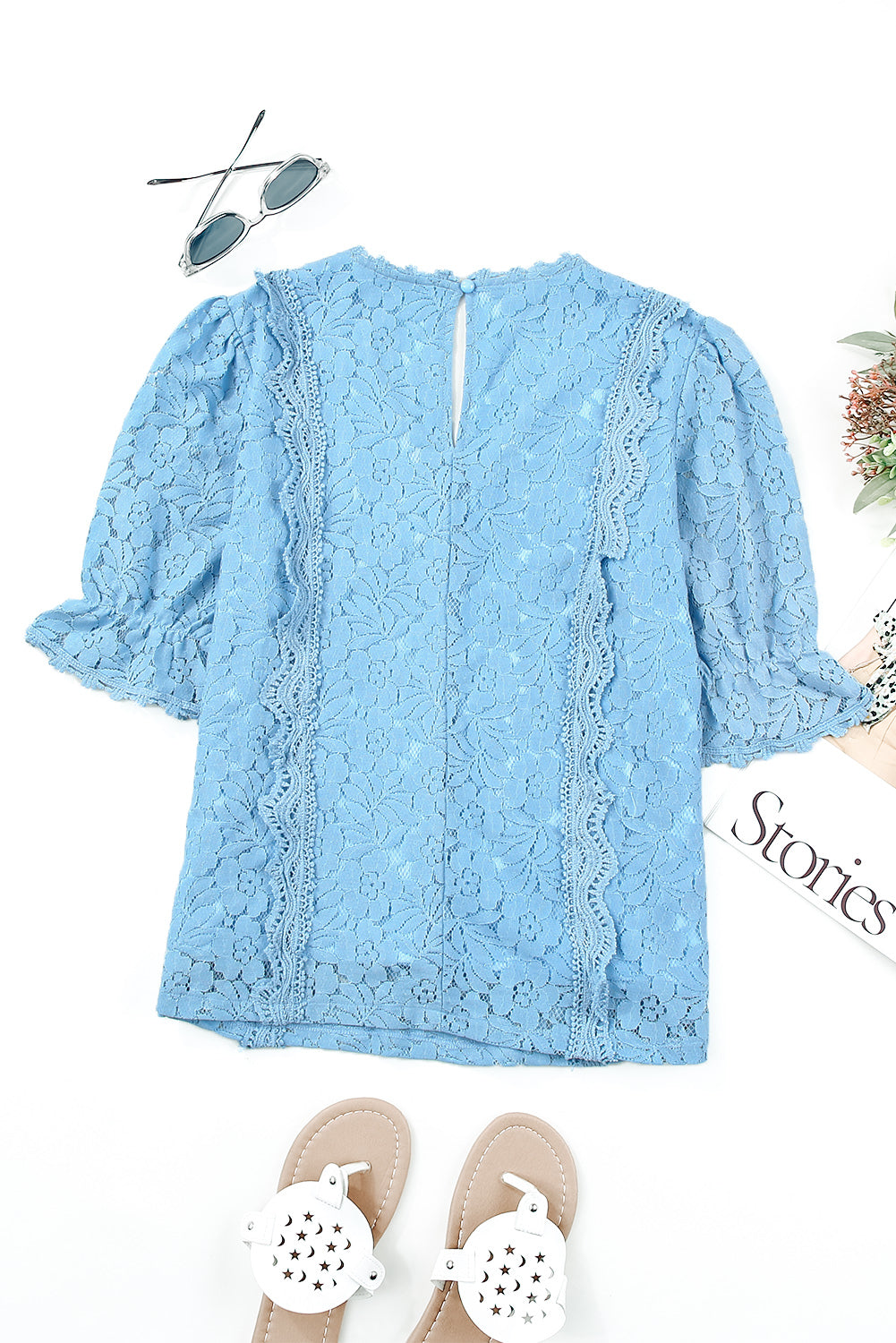 Lace V-Neck Flounce Sleeve Top