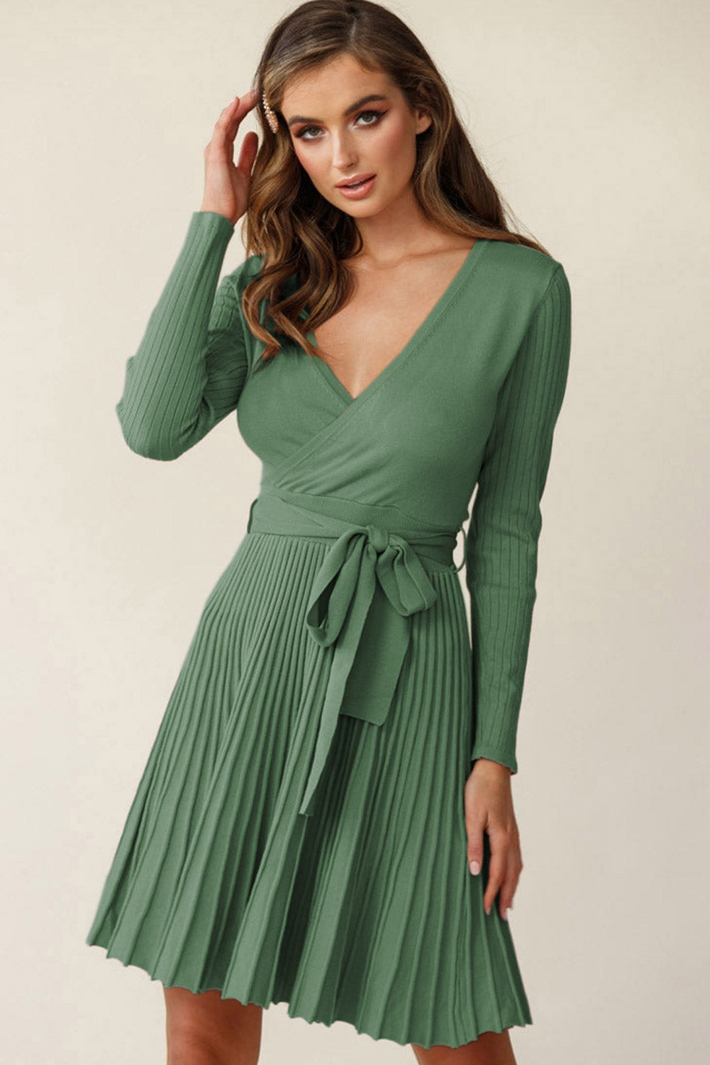 Surplice Neck Tie Waist Pleated Dress