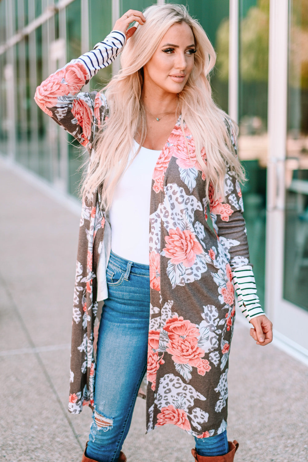 Stripe Detail Sleeve Floral Print Cardigan