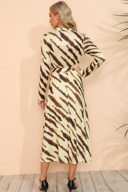 Printed Mock Neck Long Sleeve Slit Dress