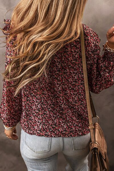 Ruffled Floral Waffle-Knit Blouse