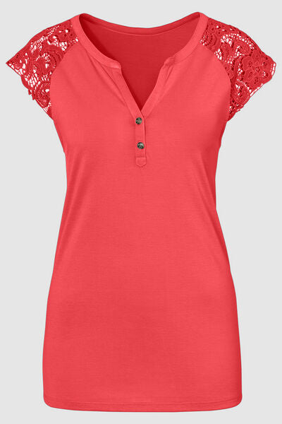 Lace Detail Notched Cap Sleeve T-Shirt