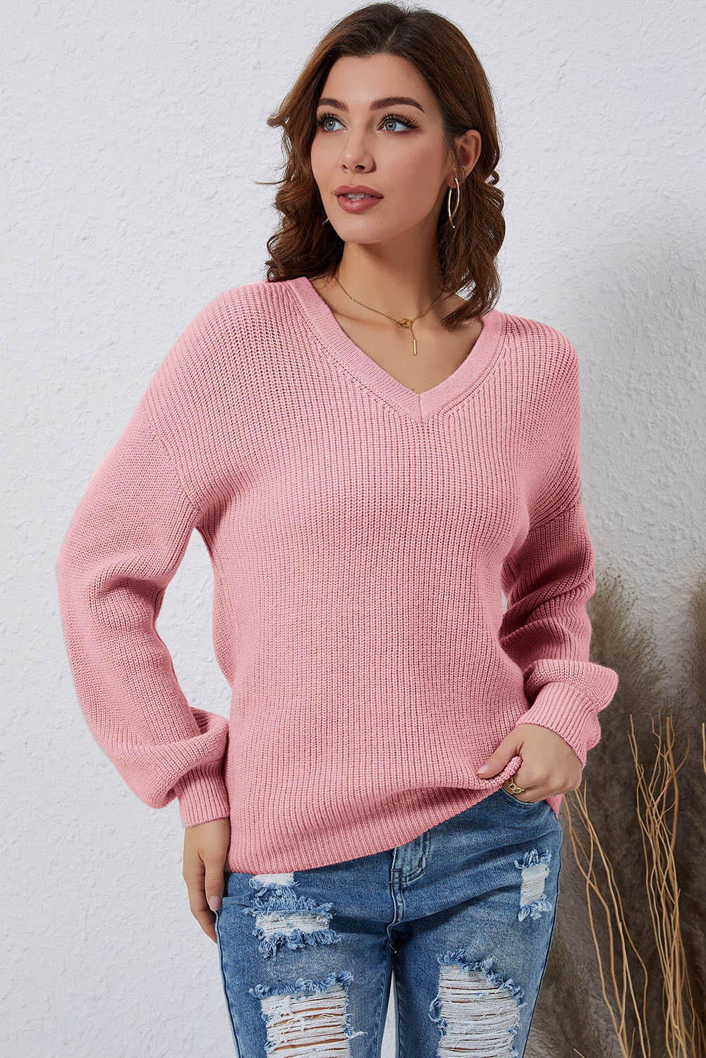 V-Neck Ribbed Dropped Shoulder Sweater