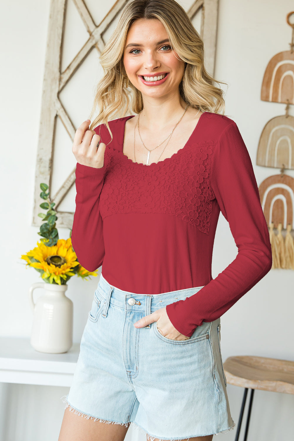 Lace Crochet Long Sleeve Top