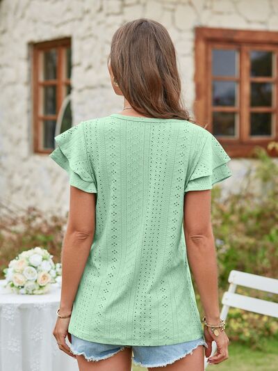 Eyelet V-Neck Short Sleeve Blouse