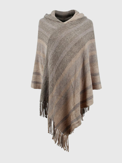 Striped Fringe Hem Hooded Poncho