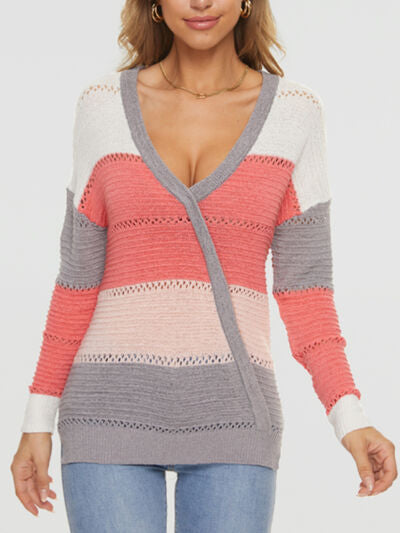 Eyelet Surplice Dropped Shoulder Sweater