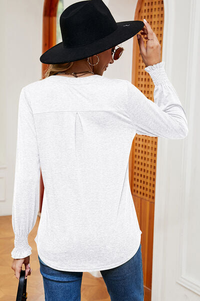 Smocked Notched Long Sleeve T-Shirt