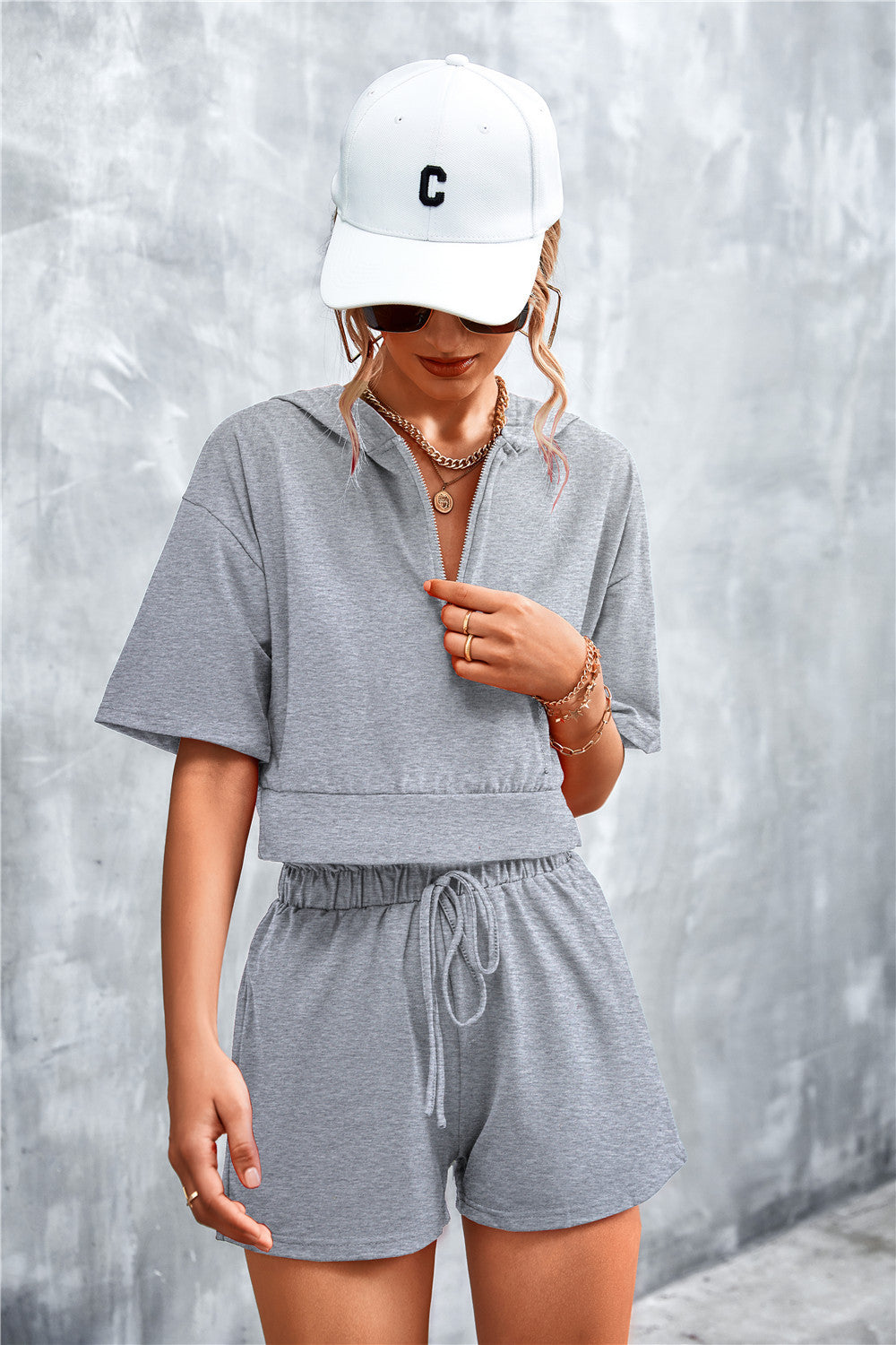 Half Zip Cropped Hooded T-Shirt and Shorts Set