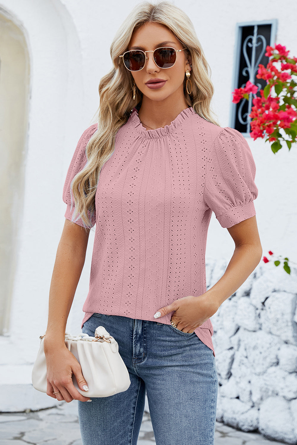 Eyelet Frill Mock Neck Short Sleeve Top