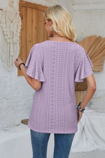 Eyelet Applique V-Neck Cap Sleeve T-Shirt