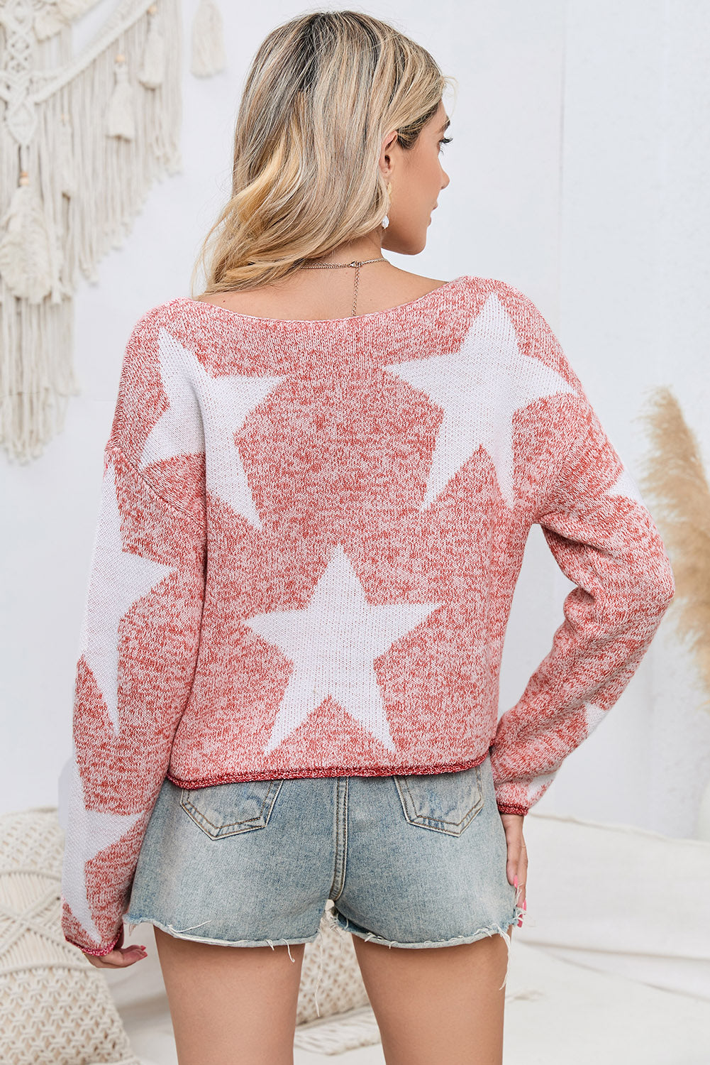 Star Pattern Dropped Shoulder Knit Top