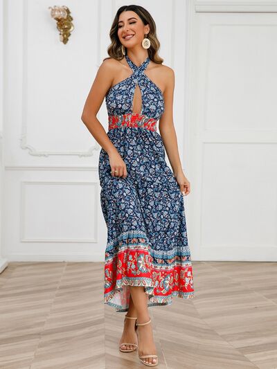 Smocked Printed Halter Neck Dress