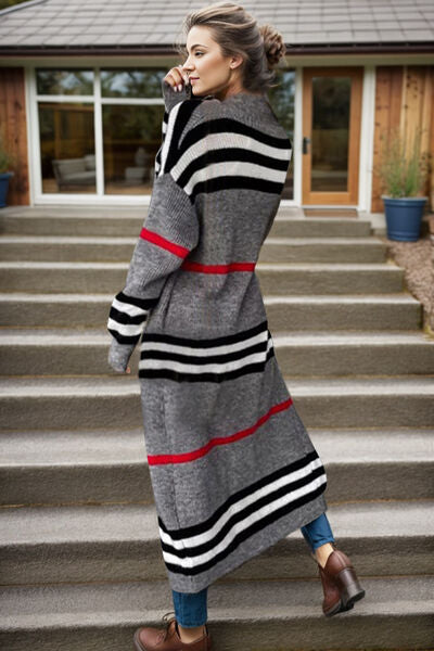 Striped Open Front Long Sleeve Longline Sweater Cardigan