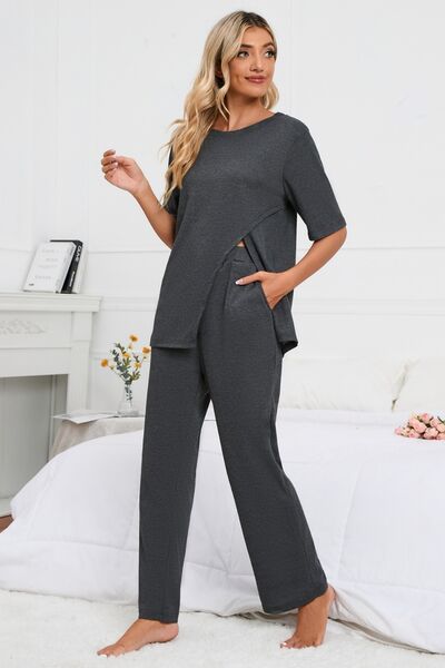 Slit Round Neck Top and Pants Lounge Set