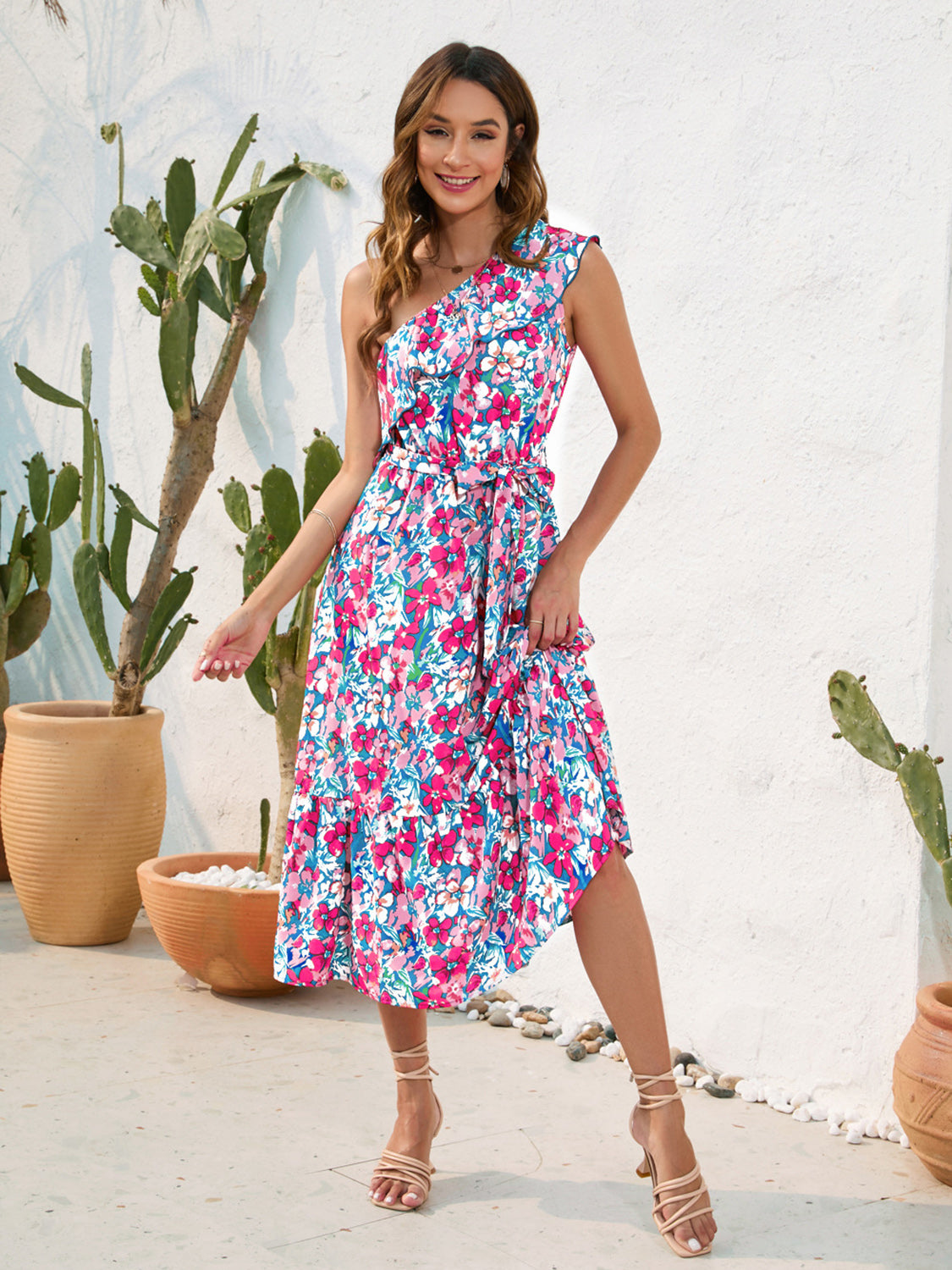 Ruffled Printed One Shoulder Midi Dress