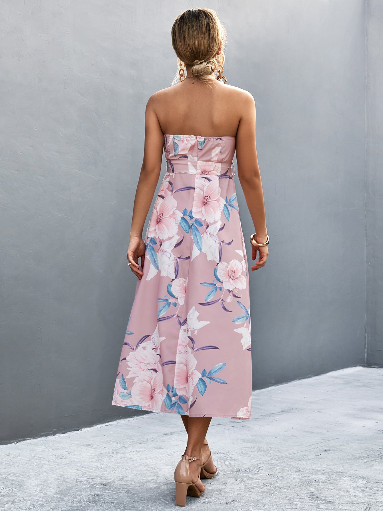 Floral Print Tie Waist Straight Neck Midi Dress