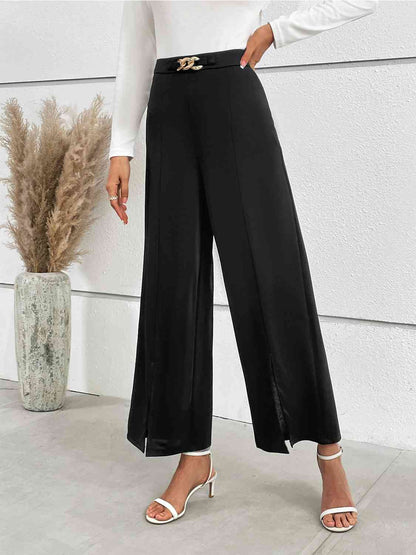 Chain Detail Slit Straight Pants