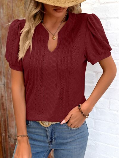 Eyelet Notched Puff Sleeve T-Shirt