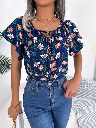 Floral Tie Neck Flutter Sleeve Blouse