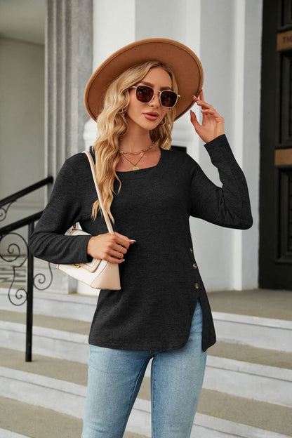 Square Neck Long Sleeve Slit T-Shirt