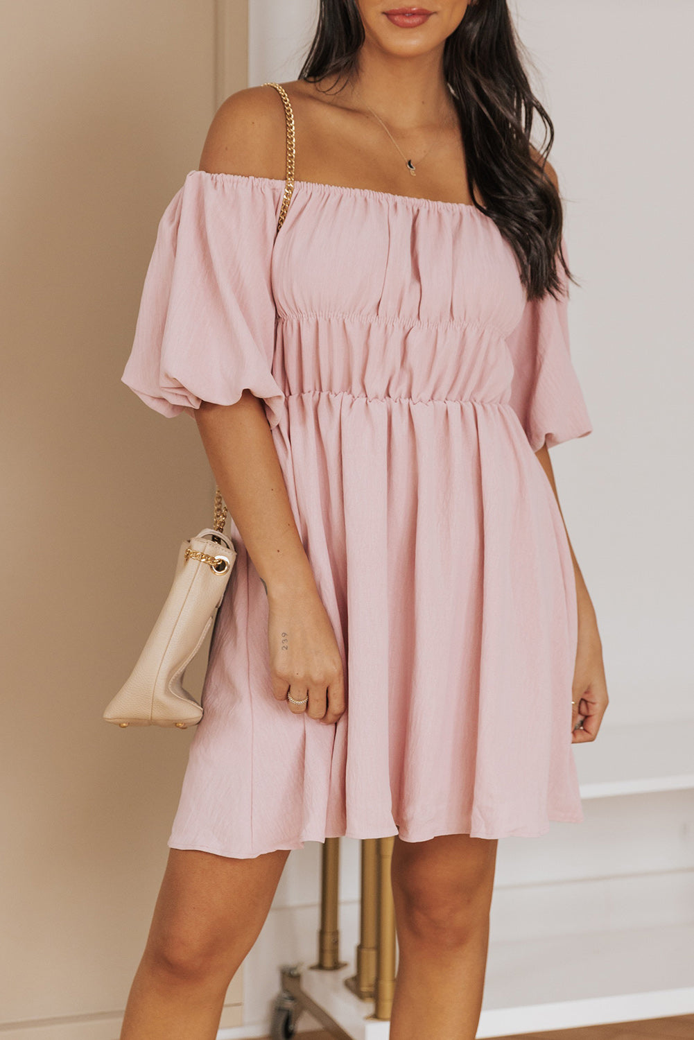 Off-Shoulder Balloon Sleeve Mini Dress