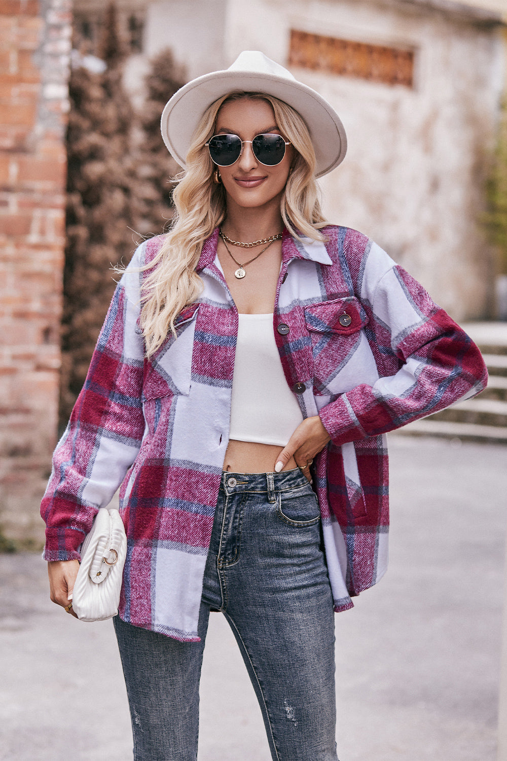 Plaid Long Sleeve Shirt Jacket with Pockets