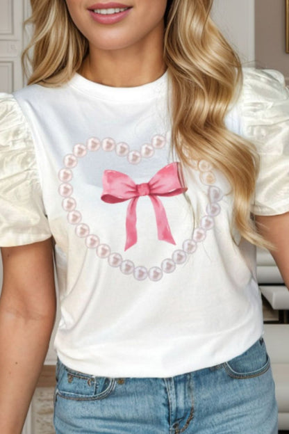 Bow Graphic Round Neck Short Sleeve Blouse