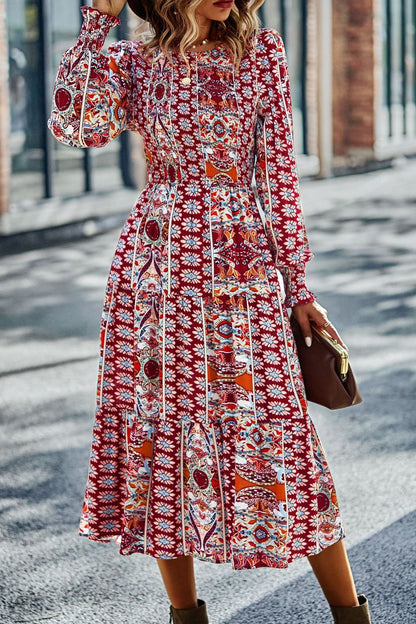 Smocked Round Neck Lantern Sleeve Midi Dress